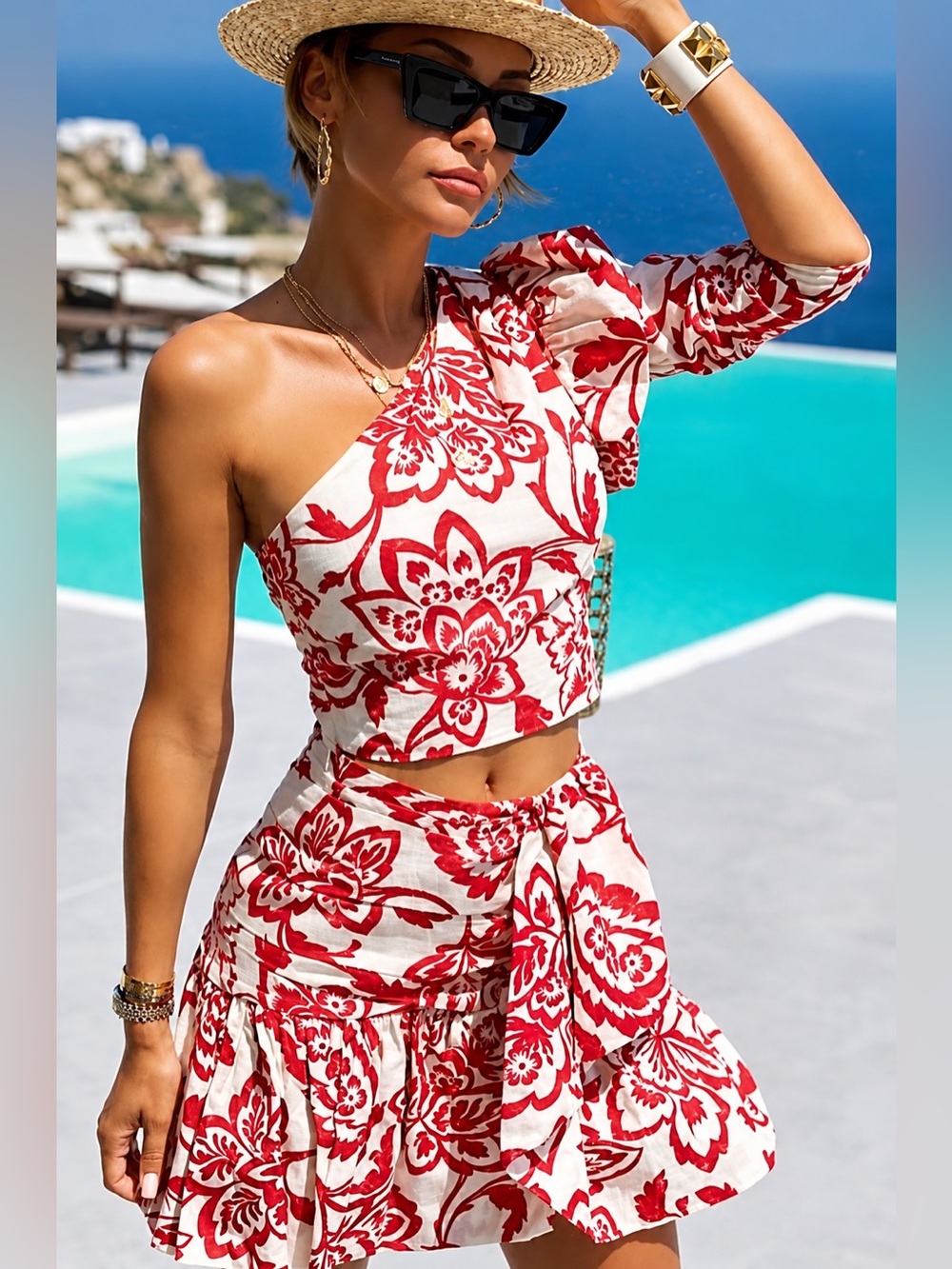 ZARA FLORAL PRINTED MINI SKIRT red/white size L. 2 piece skirt set, mini skirt